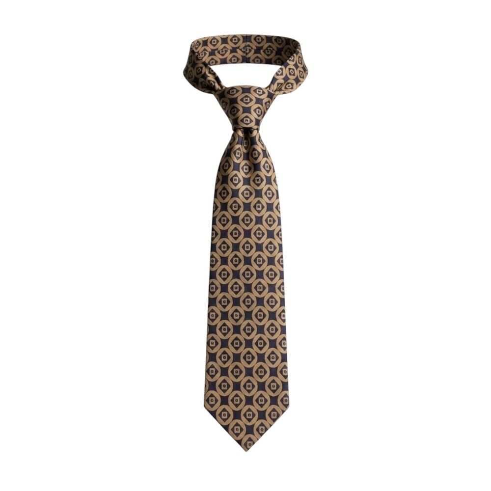 Bloomingdale's Metropolitan View Men's Silk Neck Tie Blue Gold Geometric Medalli